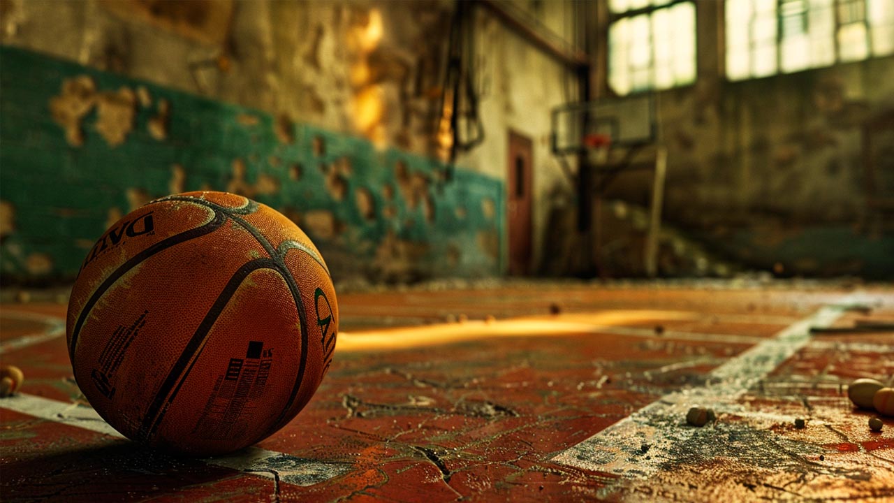 Баскетбольный мяч в заброшенном зале